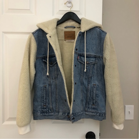 Levi's Premium Ex-Boyfriend Sherpa Hooded Trucker Jean Jacket Medium - Picture 4 of 16
